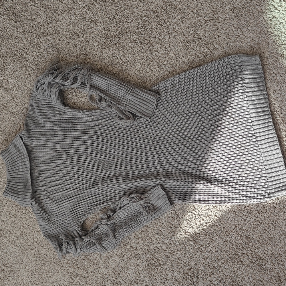 Say What? Light Gray Turtleneck Sweater Dress with  Fringe